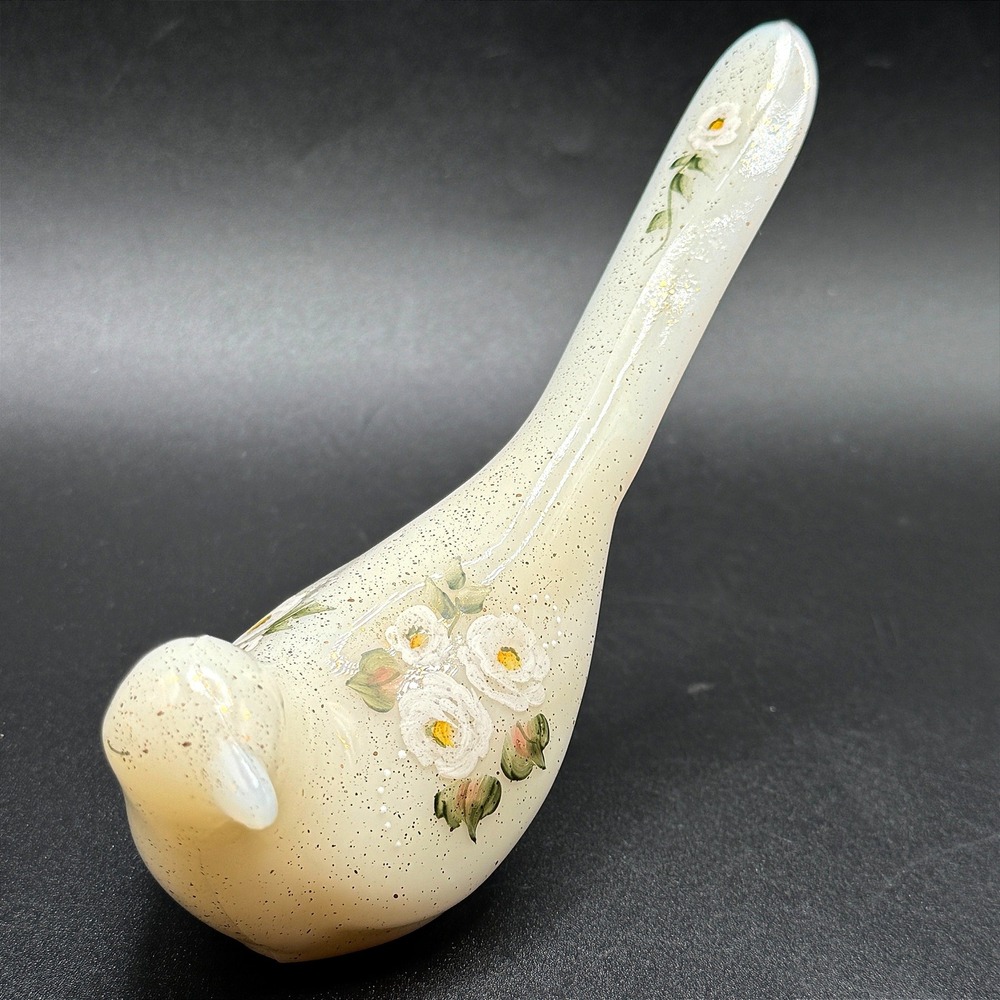 Fenton Hand Painted Custard Satin Long Tail Bird of Happiness Signed Speckled